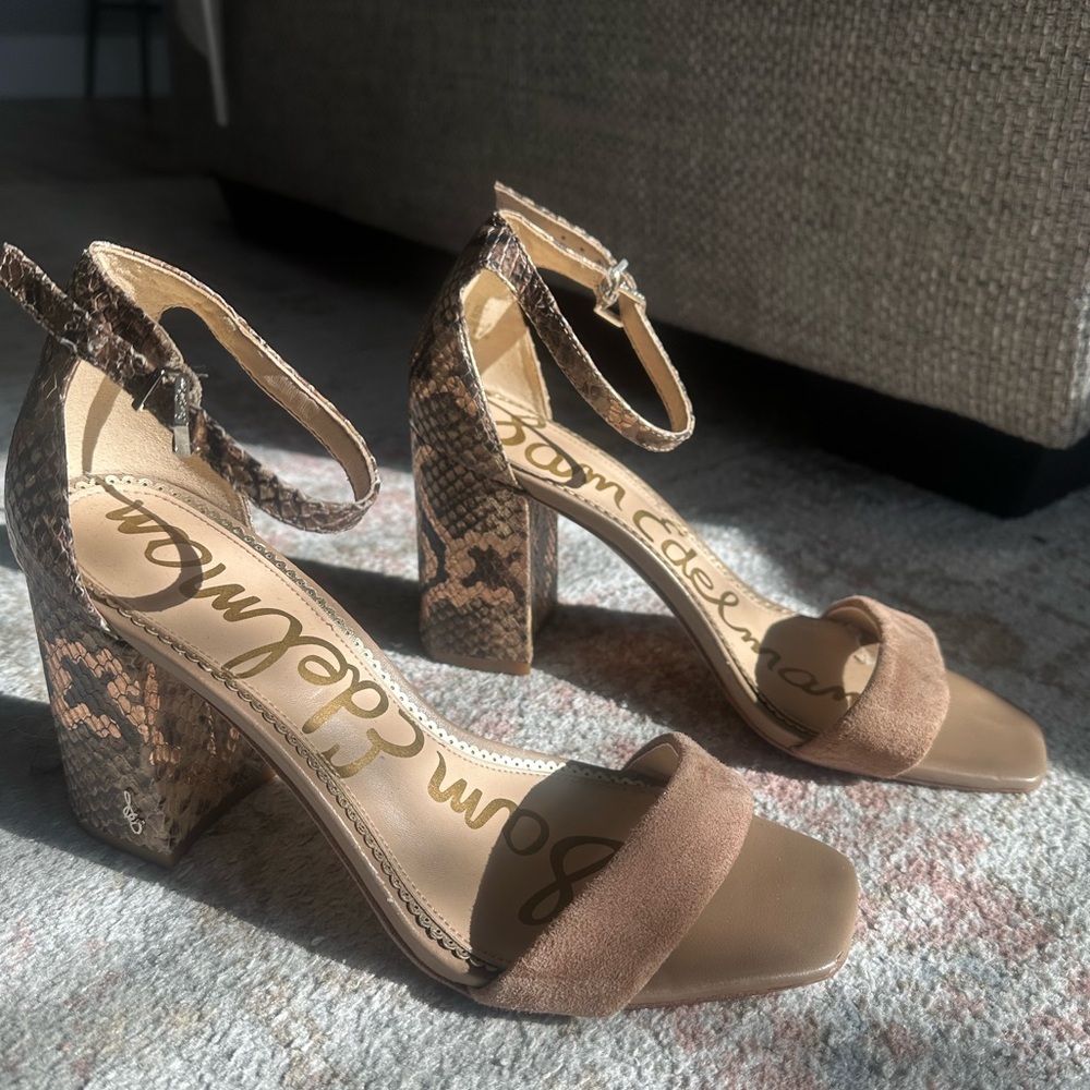 Sam Edelman Taupe Suede Snakeskin Block Heel Sandals Size 8.5 Neutral Heels